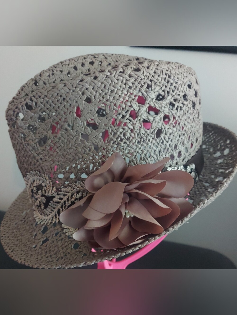 Braided Straw Fedora Hat with Brown Floral Accent